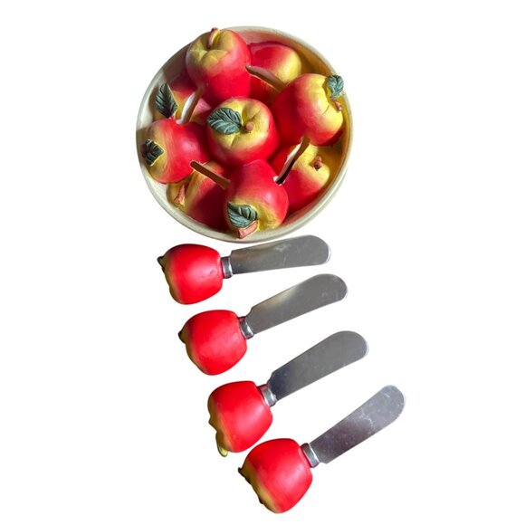 Vtg Red & Yellow Apple Spreaders With Ceramic Bowl - Set Of 4 Spreaders & Bowl - Picture 4 of 7